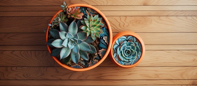 Top view of realistic couple of exotic succulent plants in patterned ceramic pots on wooden floor