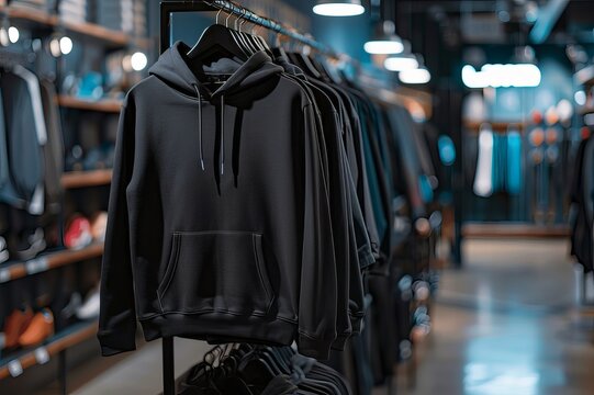 A mockup of a hoodie with a blurred background of several hoodies behind it and the shop space. Hoodie in a clothing sales shop. Created with Generative AI.