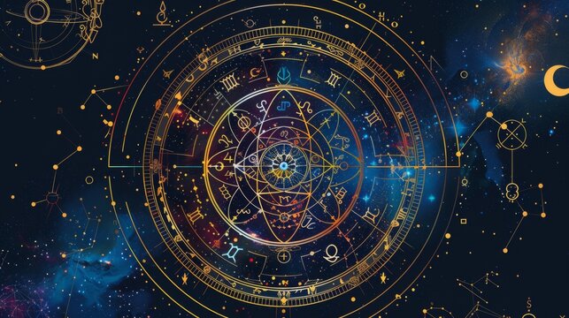 Astrology zodiac circle, incorporating vibrant representations of all twelve zodiac signs