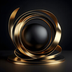 Black podium with gold waves and decorative elements. 3d illustration Generative AI