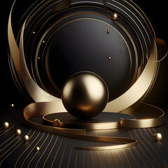 Black podium with gold waves and decorative elements. 3d illustration Generative AI