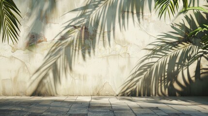 Sunlight Texture Wall with Palm Plant Leaf Shadow empty wall concept