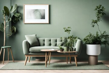 Modern cozy living room with monochrome sage green wall. Contemporary interior design with trendy wall color, table, house plants and chair.