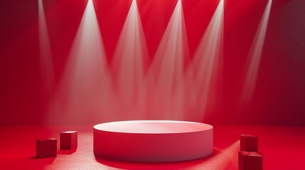White podium illuminated by spotlights before red background, Horizontal composition with copy space