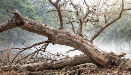 Obraz premium A large tree branch is laying on the ground in a forest