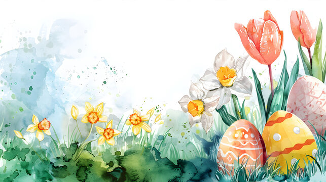 Easter background image decorated with eggs and flowers