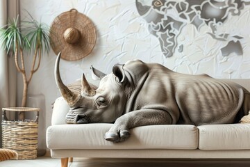 rhinoceros is lying and sleeping on the couch in the room. - obrazy, fototapety, plakaty
