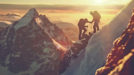 Teamwork with a man helping his friend climb a high peak.