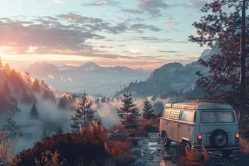 Ingelijste posters A calm early-morning scene features an antique camper van parked on a mountain road with the first rays of sunlight illuminating the surrounding area.  © Muhammad