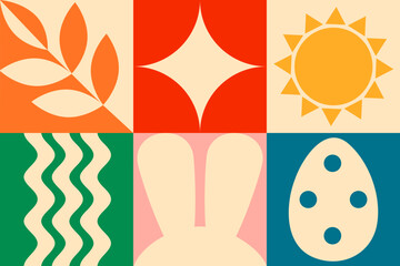 Scandinavian minimal 20s geometric Happy Easter Day bauhaus style design abstract background, posters, vector template with primitive shapes elements, modern hipster style