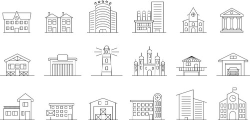 Building Thin Line Vector Icons Set. City building. Warehouse, industrial building. Line architecture buildings, apartment. Isolated vector icons set.