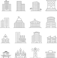 Building Thin Line Vector Icons Set. City building. Warehouse, industrial building. Line architecture buildings, apartment. Isolated vector icons set.