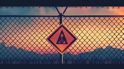 Vector illustration showcasing a warning sign mounted on a fence - obrazy, fototapety, plakaty