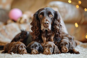 mother dog with her cubs, a litter of puppies. Russian spaniel mother and brood. - obrazy, fototapety, plakaty