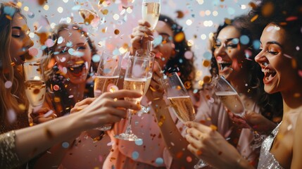 Employees clink glasses with champagne at a party. - obrazy, fototapety, plakaty