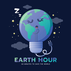 Naklejka premium Earth hour, 60 minutes to save the world - Globe world lightbulb sleeping and unplug on dark night blue background vector design