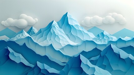 3D Paper Art Blue Mountain Landscape with Clouds, To provide a unique and eye-catching visual for advertising, marketing, or home decor