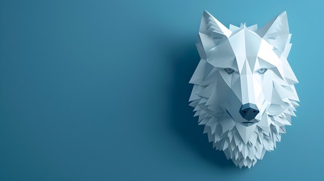 3D Origami Wolf Head on Blue Minimalist Background, To add a unique and stylish touch to modern decor or design projects