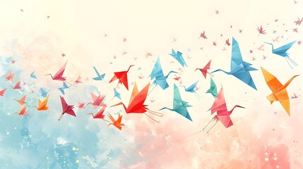 Flying Colorful Origami Paper Birds in Digital Painting Style, To add a touch of color, creativity, and inspiration to any design project