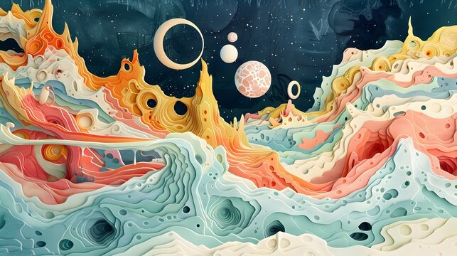Colorful 3D illustration of swirling planets and galaxies, To convey a sense of wonder and playfulness in the vastness of space