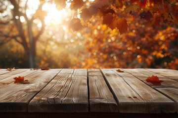 Naklejka na ściany i meble Empty boardwalk over autumn maples background. mock up for design and product display.