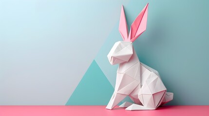 Origami Paper Craft Rabbit on Pastel Background, To add a touch of whimsy and creativity to a design project, or to illustrate the art of origami and paper
