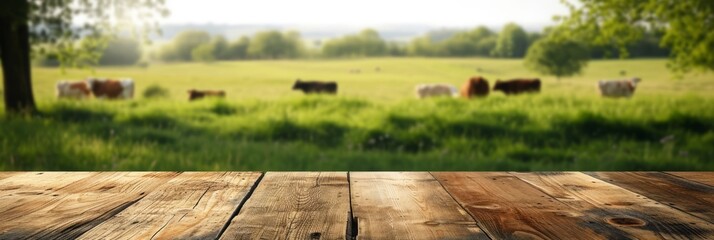 Empty wooden boardwalk over blurred pasture with cows and green grass background. banner, panorama, mock up for product display.