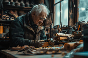 shoemaker at work in a workshop.