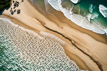 Aerial view of sandy beach and ocean with waves - obrazy, fototapety, plakaty