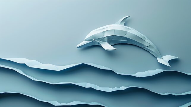 Precisionist Paper Art Dolphin in Ocean, To provide a unique and artistic representation of a dolphin in its natural ocean habitat, showcasing the