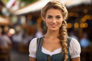 portrait of a Bavarian girl at a beer festival, women's national dirndl outfit for Oktoberfest.
