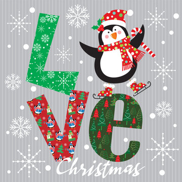 Christmas card design with cute penguin and love letter