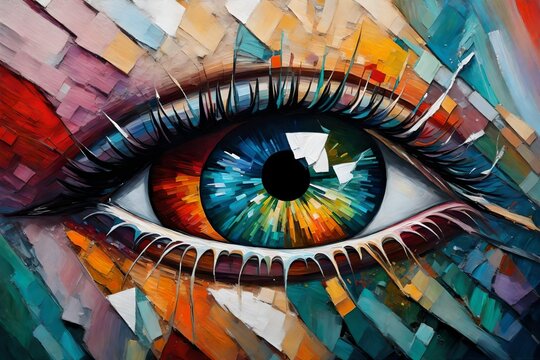 a?oeFluoritea?? - oil painting. Conceptual abstract picture of the eye. Oil painting in colorful colors. Conceptual abstract closeup of an oil painting and palette knife on canvas.