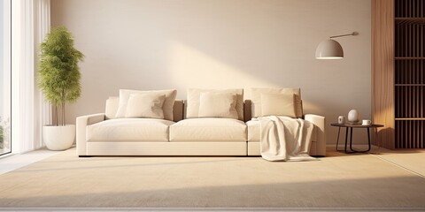 Fototapeta na wymiar Beige carpet and sofa create stylish living room ambiance.