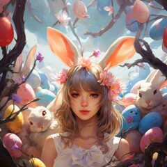 girl with the Easter bunny ears. colorful illustration.