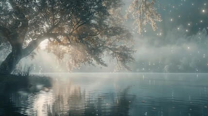 A serene lakeside landscape where a tree with silver leaves reflects in the still water, surrounded by mist and ethereal wildlife, under a canopy of twinkling stars. 8k
