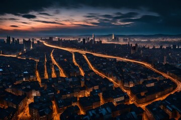 Aerial view of illuminated cityscape against sky during dusk