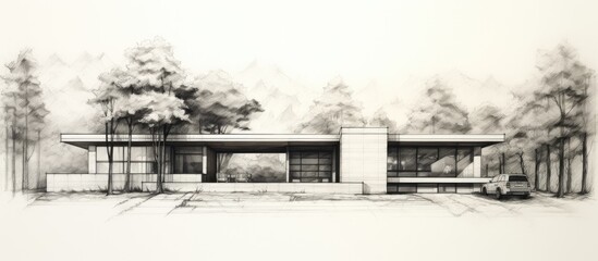 Minimal house sketch with garage and nature in the background - obrazy, fototapety, plakaty
