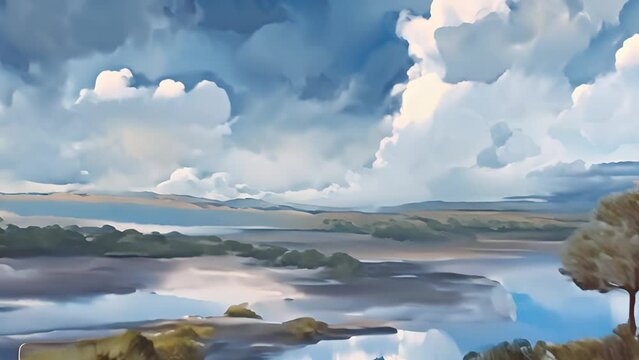 Painting of a River With Clouds in the Sky Generative AI