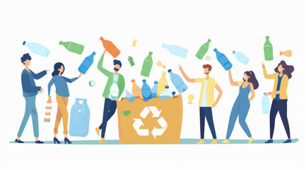 Illustration, recycle and volunteer throwing bottle in dustbin for environmental, awareness and sustainability concept. Plastic and white background with copyspace for Earth Day, eco system or ecolog - obrazy, fototapety, plakaty
