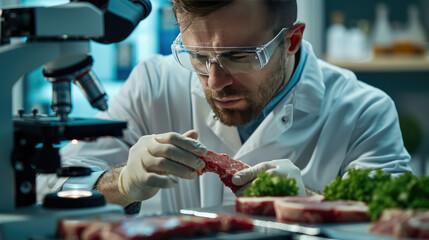 Laboratory researchers analyze the biopsies using a microscope. Inspection of food samples - obrazy, fototapety, plakaty