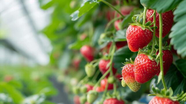 Ripe strawberries grow in the middle of a green plant.