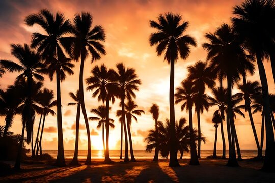 Silhouette of palm trees at tropical sunrise or sunset