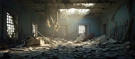 Fotobehang Abandoned building interior with debris peeling paint walls and collapsed ceiling © LukaszDesign