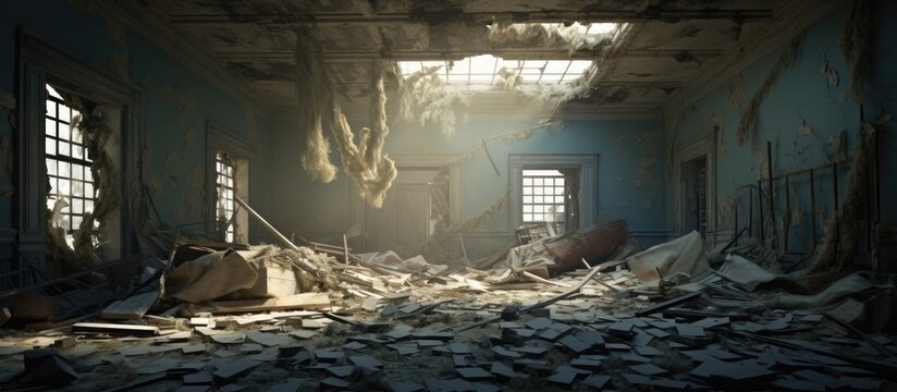 Abandoned building interior with debris peeling paint walls and collapsed ceiling