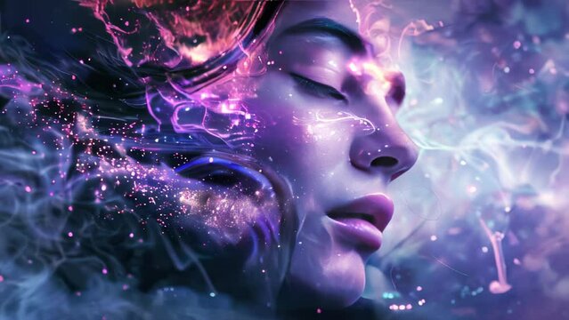 The face of a dreamy girl in purple colors, dream and meditation concept