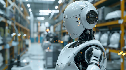Fototapeta premium uturistic Robotics in Action: White Humanoid Robot Working Efficiently in Modern Warehouse, Ideal for Tech Enthusiasts or Industrial Automation Concepts