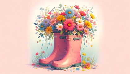 Illustration of colorful flowers spilling out of a pair of rain boots