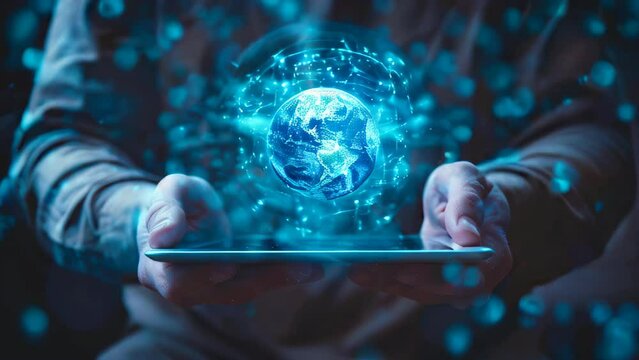 Man hands holding a tablet, earth globe communications symbol over the screen