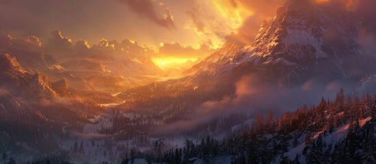 The warm evening light covers hills, a valley, snowy peaks, and dark forests under a clear sky.